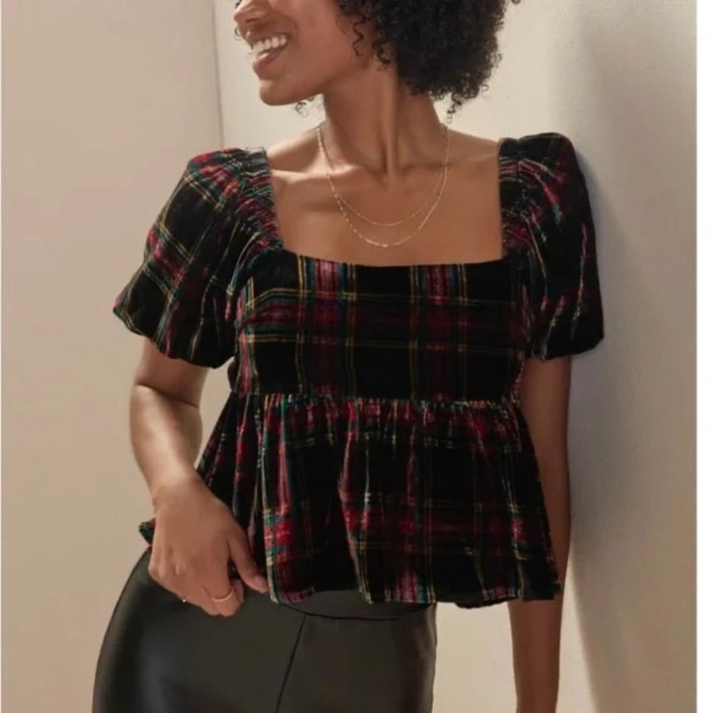 Tartan Plaid Peplum Top Sz‎ S Black Red Velvet Open Tie Back Puff Sleeve Preppy